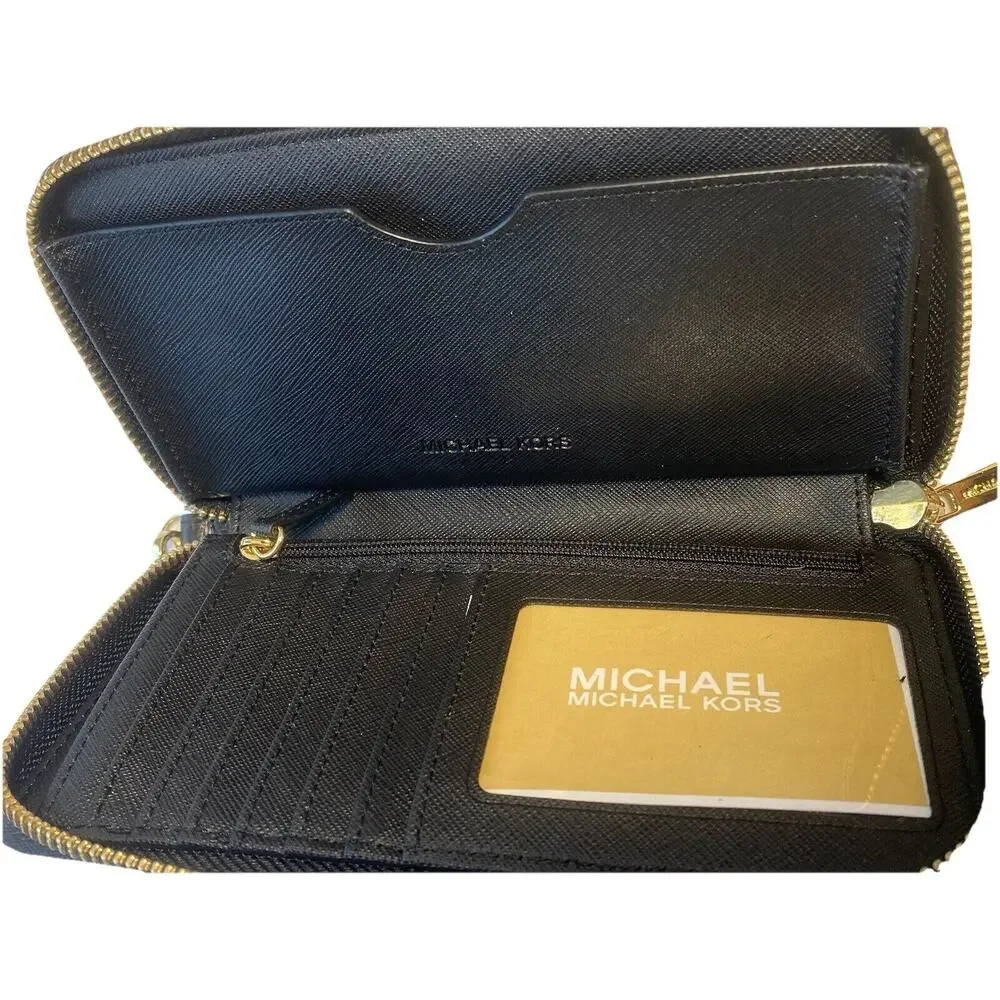 MICHAEL KORS Fulton‎ Black Pebbled Leather Wristlet/Wallet with Zipper & Gold